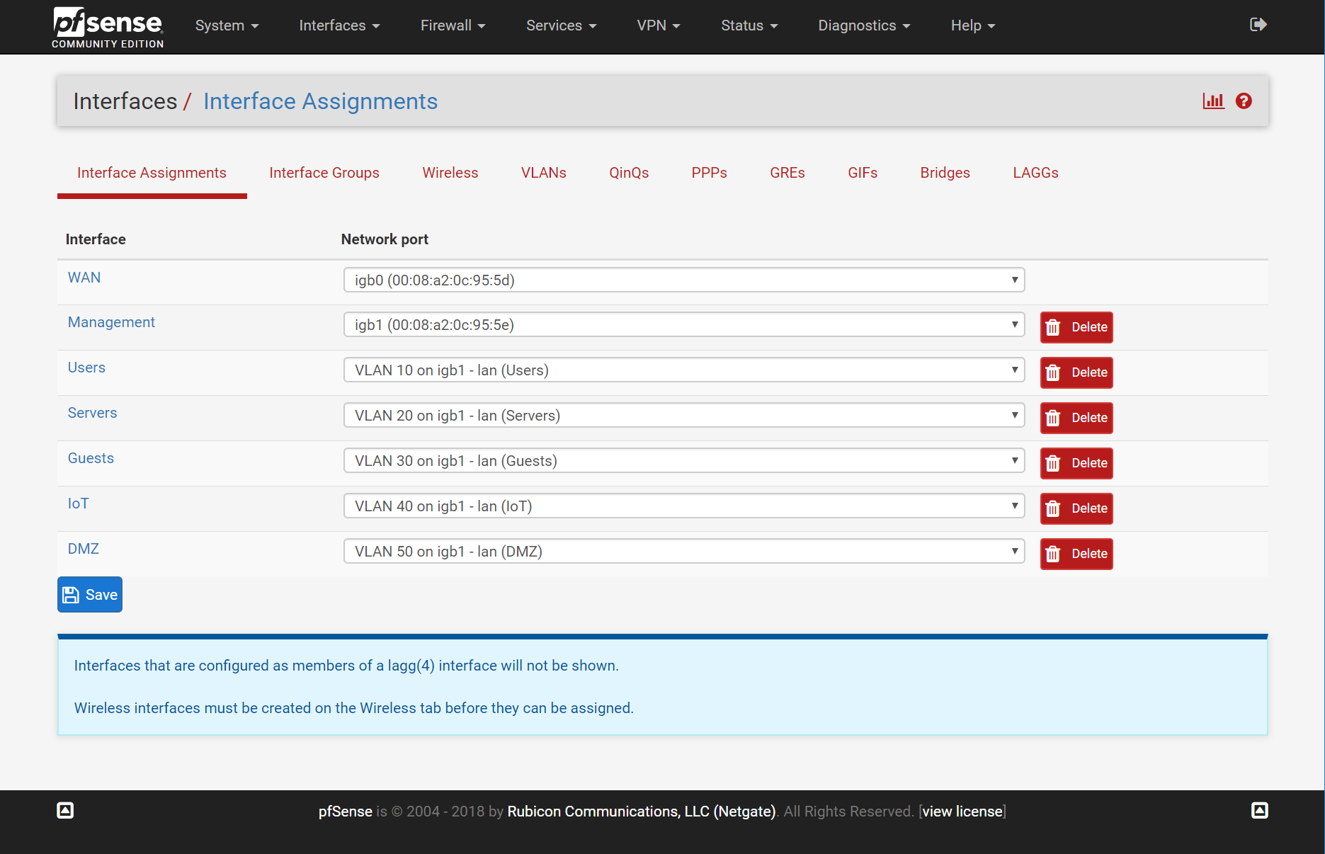 Associating VLANs with NICs in pfSense